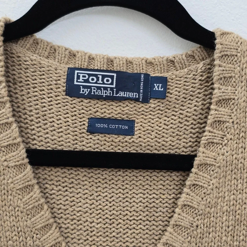 Polo Ralph Lauren Mens XL Tan Khaki Cotton V-Neck Knit Sweater Vest Pony‎ Logo